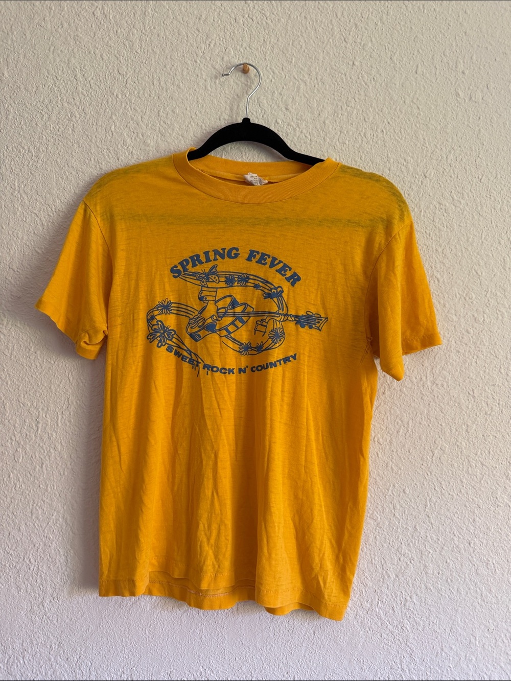 Hanes Yellow Short Sleeve Tee with Blue 'Spring Fever' Graphic